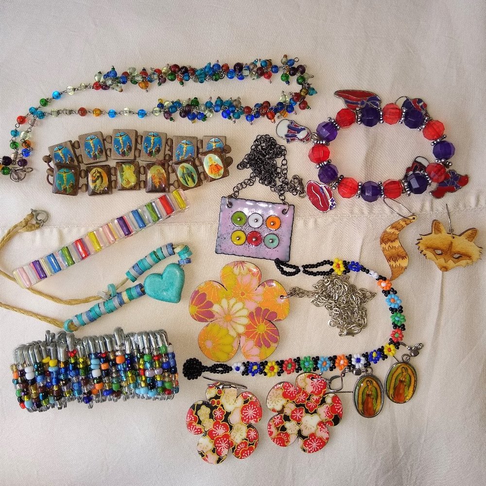 12 piece colorful jewelry collection, bracelets, earrings, necklaces